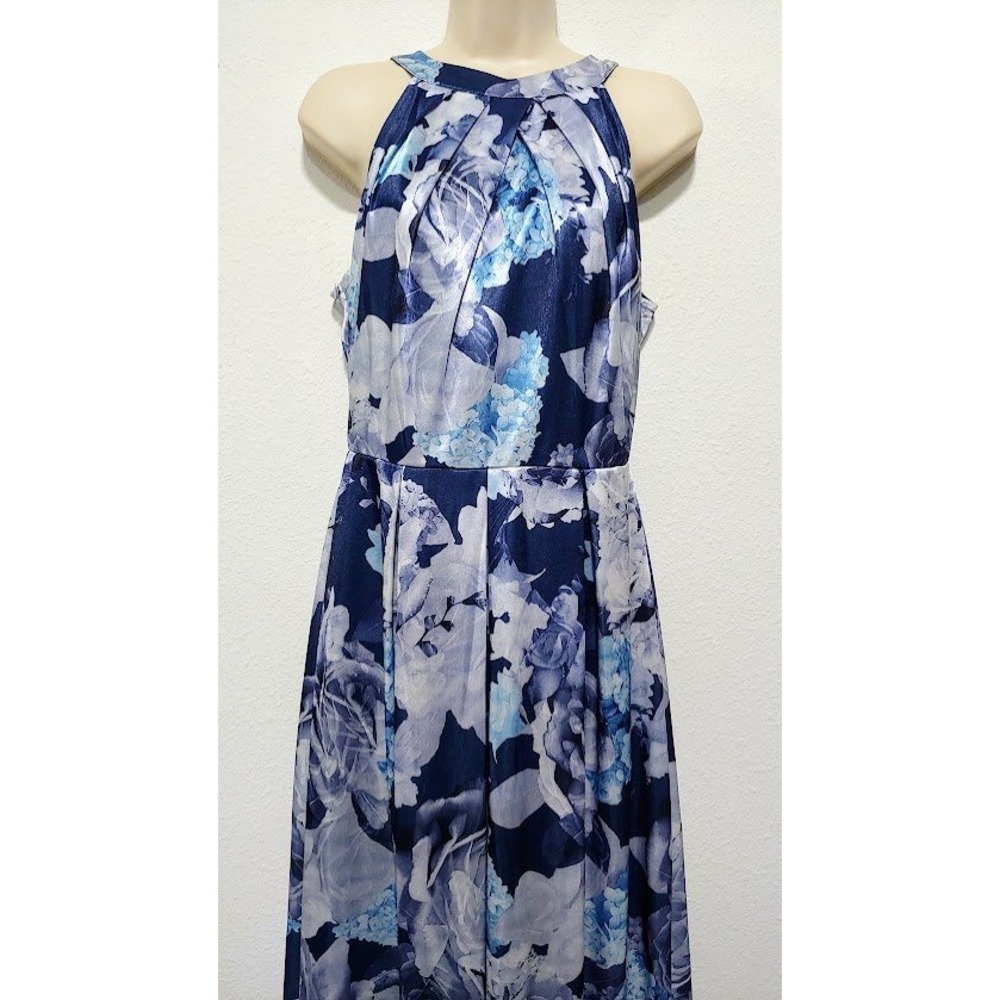 Womens Blue S Floral Pleated Sleeveless Formal Maxi Dress Elegant By Candalette - Picture 6 of 12